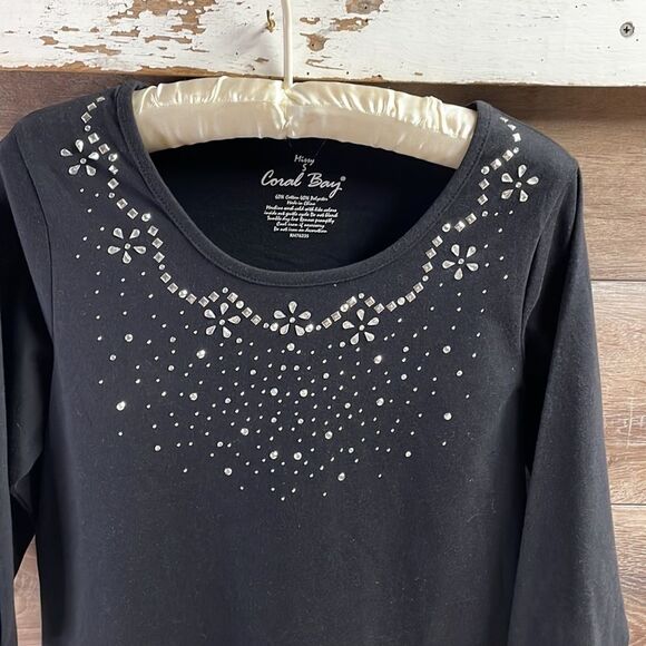 CORAL BAY Ladies Vneck Rhinestone Embellishment Blouse Top, Missy Small, Black - Picture 3 of 6